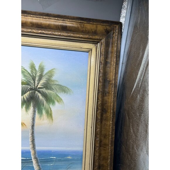 Framed Coastal ocean Landscape Painting With Lighthouse Palm Trees 31x27" READ - Picture 7 of 14